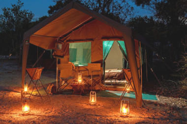 Evening mobile safari tent Botswana safari